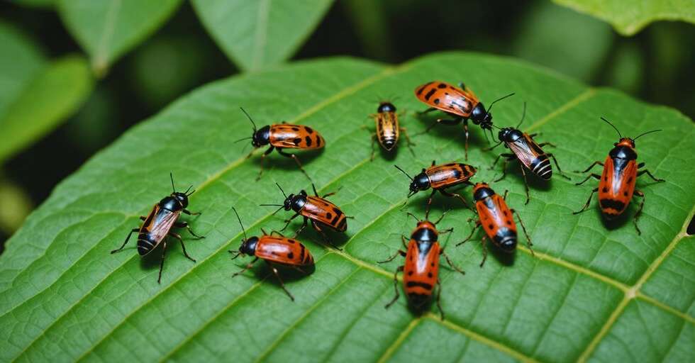 Close-up of diverse insects on a green leaf