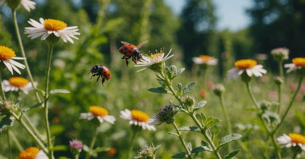 Ladybugs, bees, and butterflies among colorful flowers in a garden, showcasing beneficial insects in action.