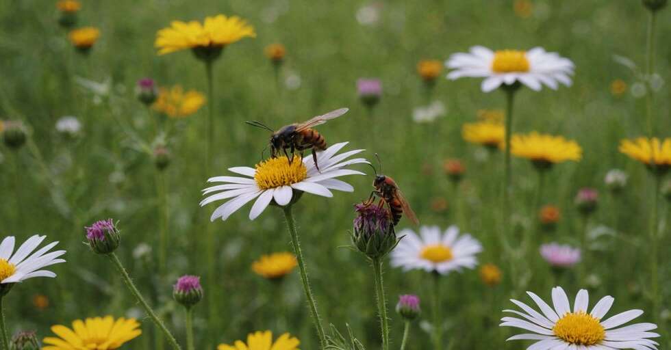 Insects pollinating colorful flowers in a lush meadow.