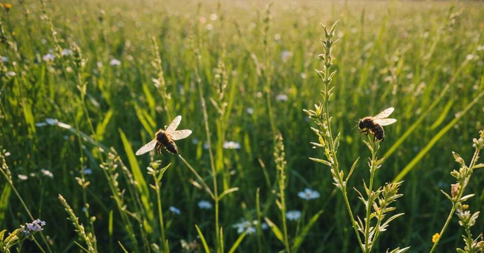 A meadow filled with bees, butterflies, and beetles, showcasing the importance of insects in the ecosystem.