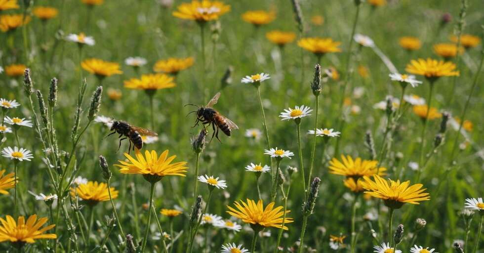 Insects buzzing around flowers in a colorful meadow.