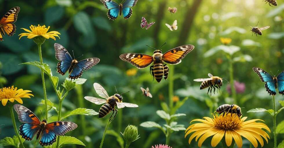 Various insects like bees, butterflies, and beetles interacting with plants and flowers in a lush, green environment.