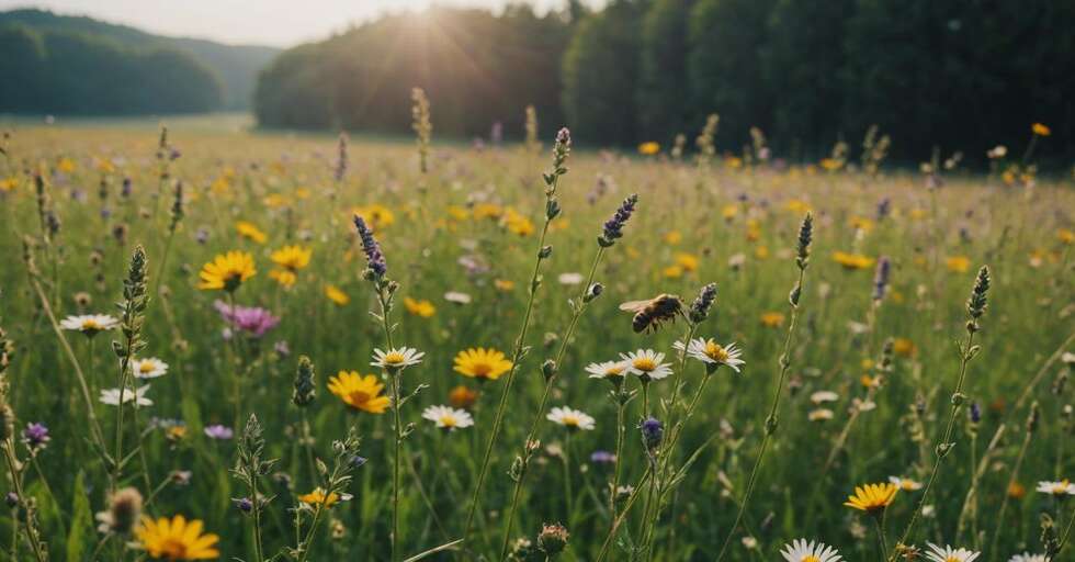 A colorful meadow filled with bees, butterflies, and beetles interacting with flowers, highlighting the importance of insects in ecosystems.