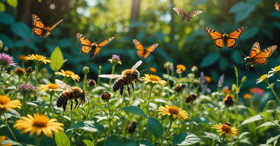 Various insects such as bees, butterflies, and beetles interacting with plants and flowers in a lush garden.