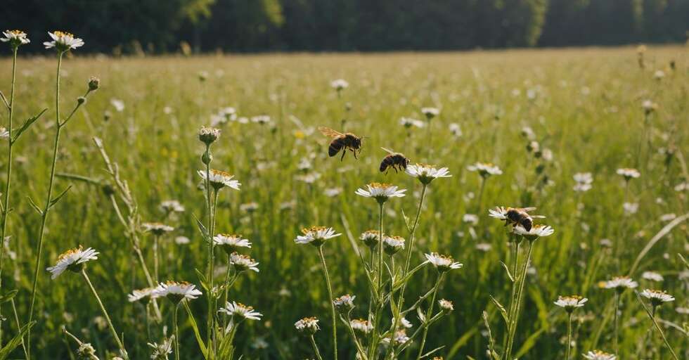 A colorful meadow filled with bees, butterflies, and beetles, highlighting the essential role of insects in ecosystems.
