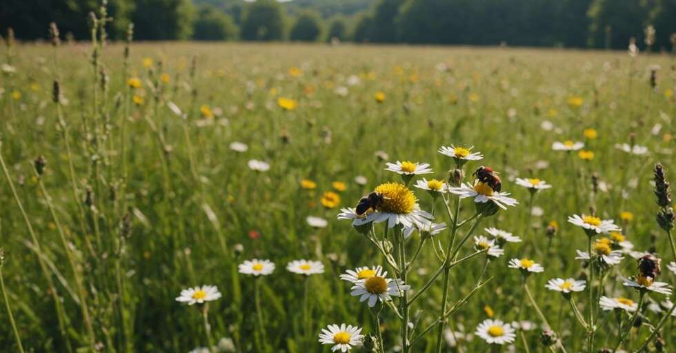 A colorful meadow filled with bees, butterflies, and ladybugs, highlighting the crucial role of insects in ecosystems.