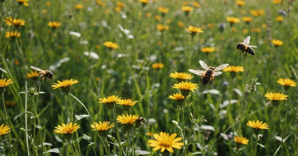 Insects like bees, butterflies, and beetles in a vibrant meadow, highlighting their crucial role in the ecosystem.