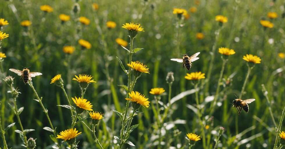 A colorful meadow filled with bees, butterflies, and beetles, highlighting the importance of insects in our ecosystem.