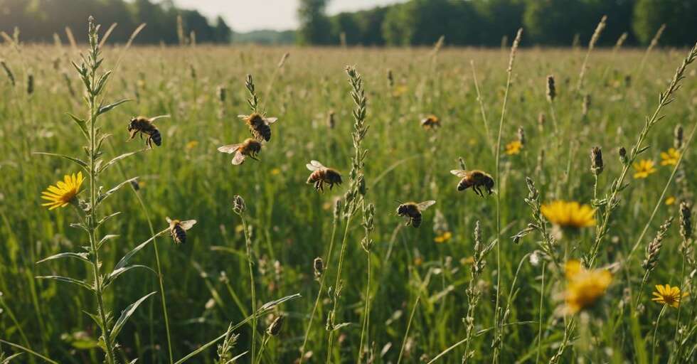 A colorful meadow filled with bees, butterflies, and beetles, highlighting the essential role of insects in ecosystems.