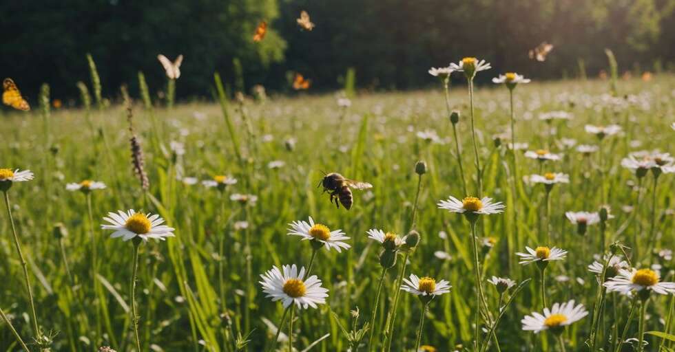 A colorful meadow filled with bees, butterflies, and ladybugs, highlighting the crucial role of insects in nature.