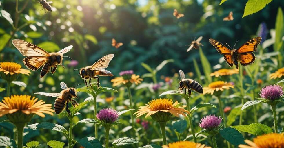 Various insects like bees, butterflies, and beetles interacting with plants and flowers in a lush garden.