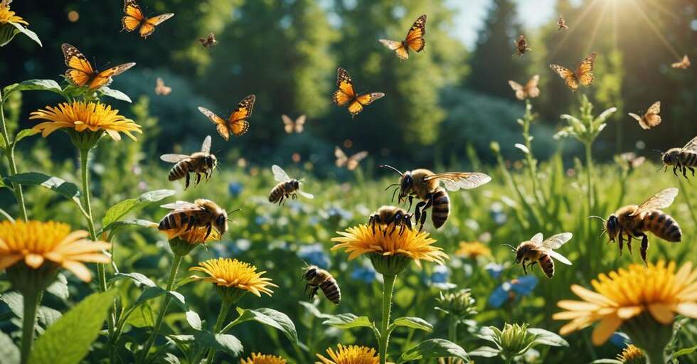 Insects like bees, butterflies, and beetles interacting with plants and flowers in a lush garden.