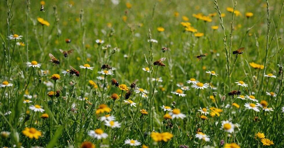 A colorful meadow filled with bees, butterflies, and ladybugs, highlighting the crucial role of insects in nature.