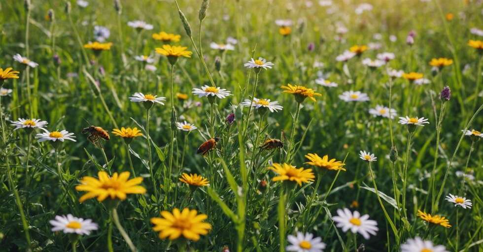 Insects and flowers in a vibrant meadow ecosystem.