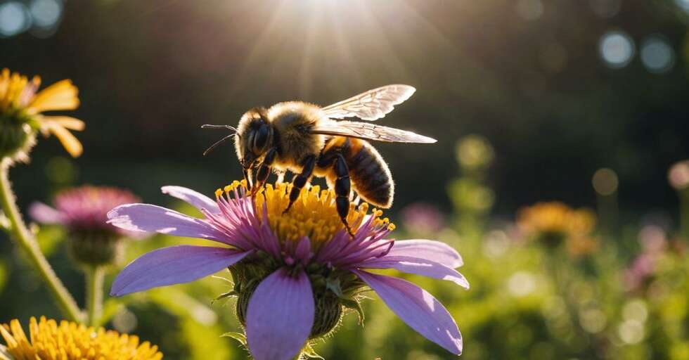 Bee on a flower, collecting nectar in bright sunlight.