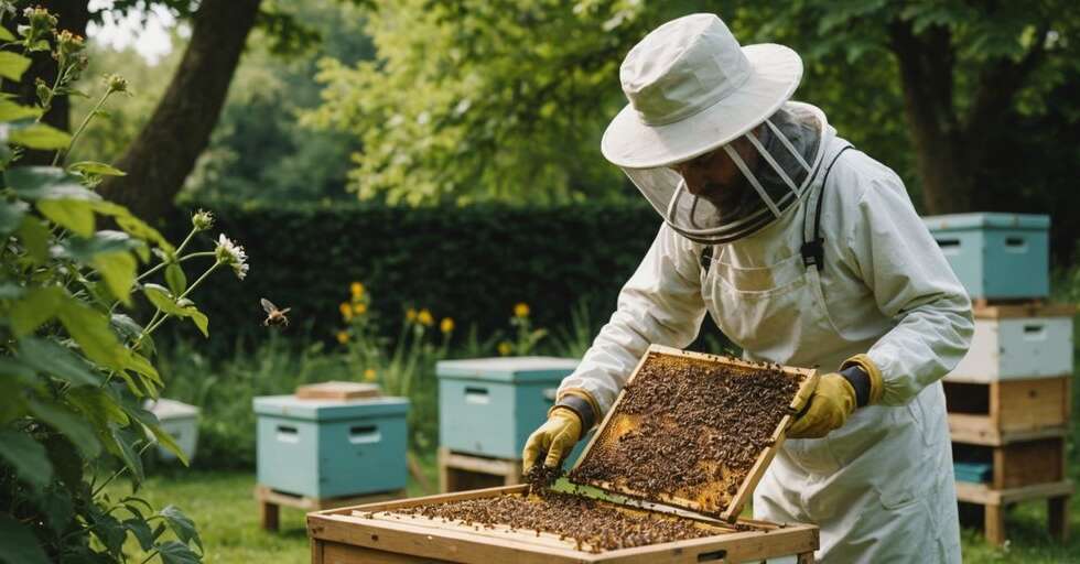 Beekeeper inspecting hive in a lush garden setting.