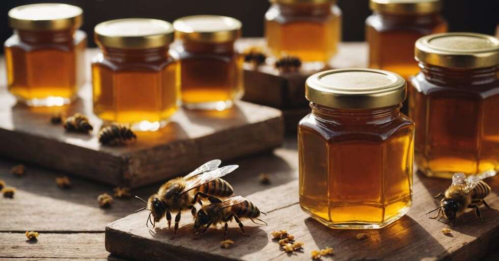 Assorted bee products: honey jars, propolis, and more.